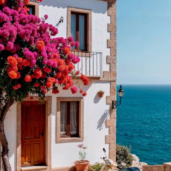 vespa parked in amalfi Coast front sea view