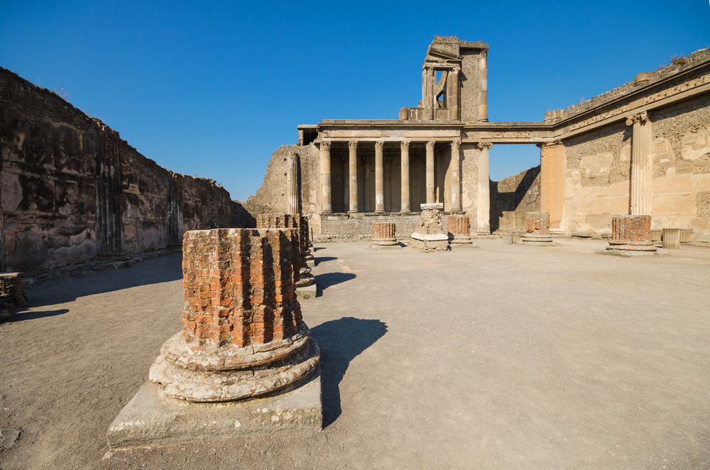 Ruins of the ancient roman city of Pompeii, which was destroyed by volcano, Mount Vesuvius, about two millenniums ago, 79 AD