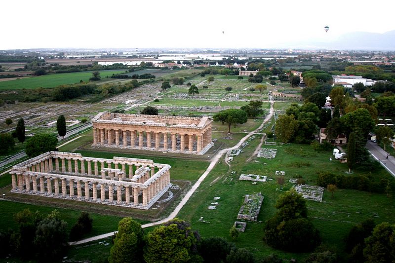 Hot air balloon aerial view of ancient Greek Doric temples of Hera and Poseidon in Paestum