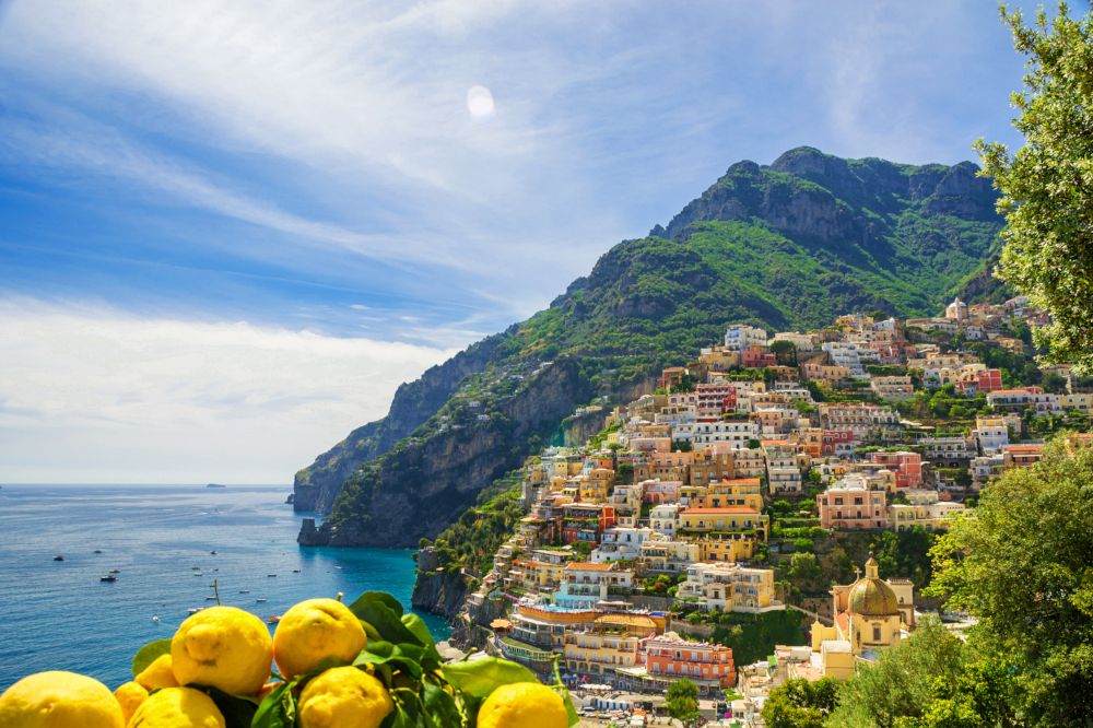 View of the town of Positano with lemons, Amalfi Coast, Italy