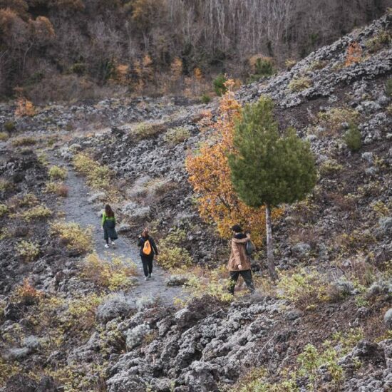 gruppo di tre ragazzi che camminano sulla colata lavica del sentiero 9 del parco nazionale del vesuvio